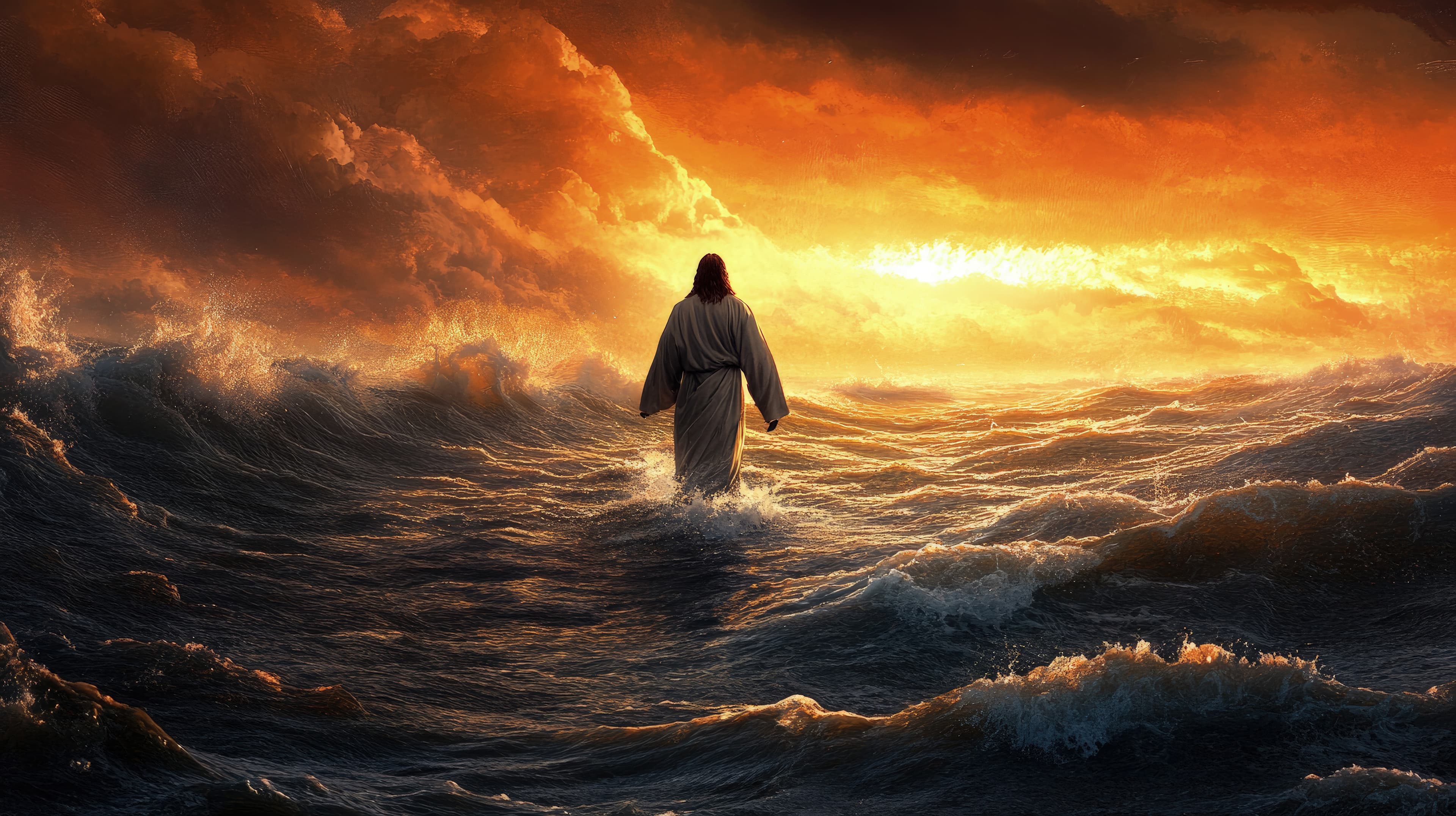 Escena bíblica: una figura caminando sobre el mar bajo un cielo de luz